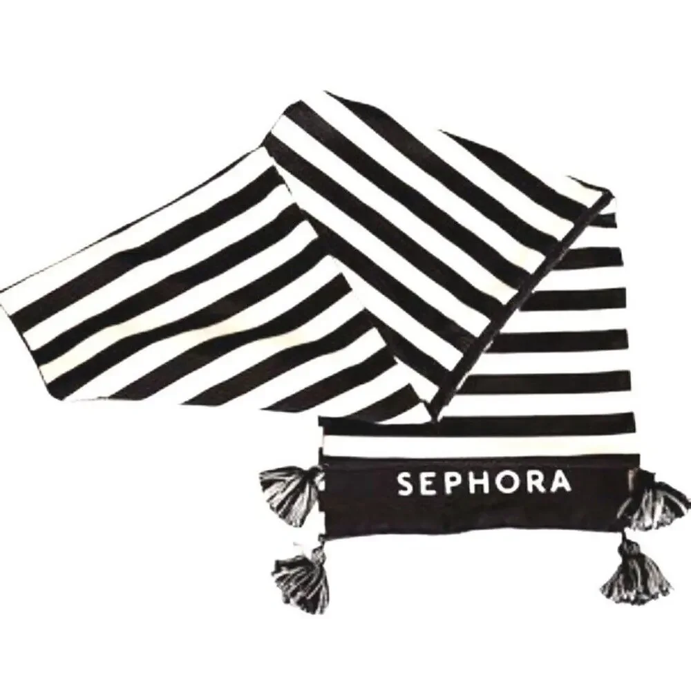 Sephora Black White Striped Tassel Scarf Pom Fringe Knit Wrap NWT